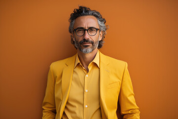 Poster - Man wearing yellow suit and glasses. This image can be used to portray stylish and fashionable individual