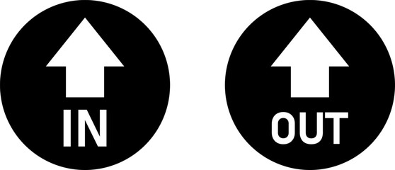 Poster - Black and White In and Out Round Warning Direction Info Sticker Badge Icon with an Arrow and Text. Vector Image.
