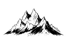 Hand Drawn Ink Sketch Of Mountain Landscape. Engraved Style Logotype Vector Illustration