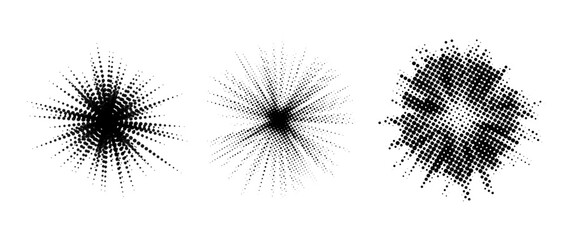 Poster - Halftone burst element set. Pop art dotted explosion collection. Black light star with grunge textured effect. Abstract retro noise grain shine star flare. Vector pixelated splash and blast pack