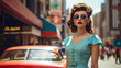 © Julia Zarubina - Generative AI, beautiful young woman dressed in 50s retro style with stylish hair stands on the street of old new york with cars, vintage fashion, feminine girl, designer dress, skirt, pin up
