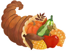 Watercolor Thanksgiving Element With Cornucopia Basket With Fruits And Vegetables