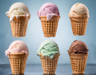 Wall Mural - collection of ice cream in waffle cups on a blue background