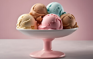 Wall Mural - five scoops of ice cream close-up lie in a beautiful vase on a leg on a pink background