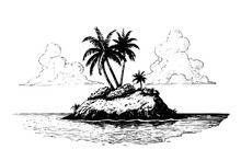 Islands With Palms Landscape Hand Drawn Ink Sketch. Engraving Style Vector Illustration