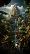 Hanging Gardens Of Babylon Shrouded In Mystery, With Lush Greenery Cascading From Towering Terraces