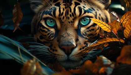 Poster - Majestic tiger, striped fur, fierce eyes, wild beauty in nature generated by AI