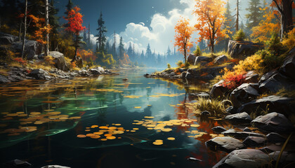 Sticker - Autumn landscape  vibrant colors, tranquil pond, and majestic mountains generated by AI