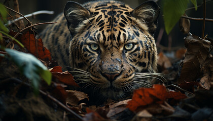 Poster - Majestic Bengal tiger, wildcat hiding, staring at camera, tranquil scene generated by AI