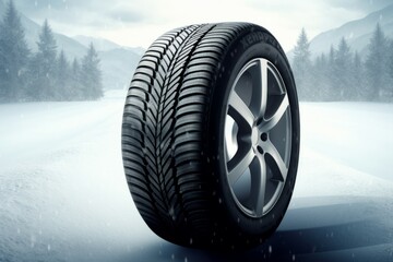 Canvas Print - New car tires on the snow. Background with selective focus and copy space