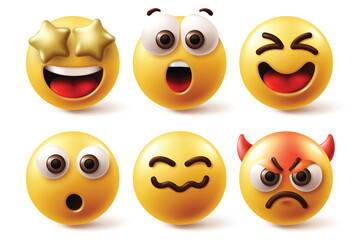 Wall Mural - Emoji face characters vector set. Emoticon emojis reactions like happy, shock, amaze, wow, angry and mad facial expression in white background. Vector illustration yellow round emoticons collection. 