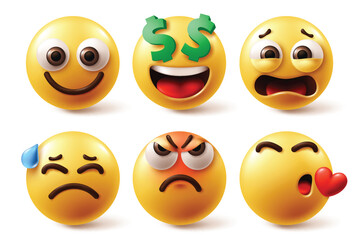 Wall Mural - Emoji face characters vector set. Emojis emoticon character yellow emoticon in happy, smiling, money dollar, disappointed, sad and enraged facial expression in white background. Vector illustration 