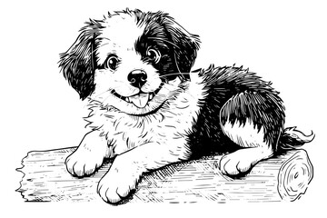 Wall Mural - Cute puppy hand drawn ink sketch. Dog in engraving style vector illustration