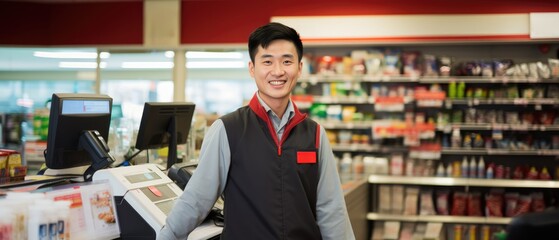 Wall Mural - Pharmacy, convenience store attendant posing looking at the camera