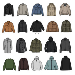 Wall Mural - Vecfor illustration of set jacket,type of jacket,20 jacket,hoodie,cardigan,crewneck,denim,fleece,puffer,raincoat isolated on white background