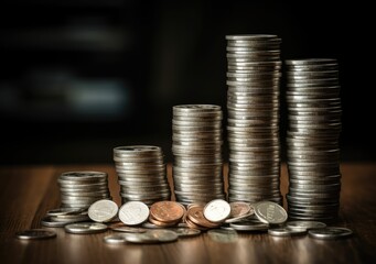 pile of silver coins stack and growing money graph on rows. Income, profits, finance, Investment, Interest and Saving money concept. AI Generative.