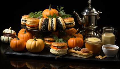 Autumn sweet celebration  pumpkin pie, Halloween candy, rustic indulgence generated by AI