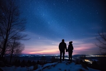 Two hikers in silhouette standing on a hill looking at the bright starry evening sky. Lovely evening night sky landscape image. Generative AI. 
