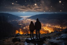 Two Hikers In Silhouette Standing On A Hill Looking At The Bright Starry Evening Sky. Lovely Evening Night Sky Landscape Image. Generative AI. 
