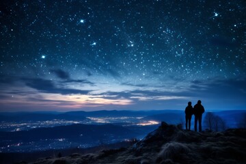 Wall Mural - Two hikers in silhouette standing on a hill looking at the bright starry evening sky. Lovely evening night sky landscape image. Generative AI. 
