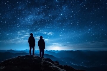 Wall Mural - Two hikers in silhouette standing on a hill looking at the bright starry evening sky. Lovely evening night sky landscape image. Generative AI. 
