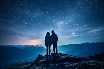 Wall Mural - Two hikers in silhouette standing on a hill looking at the bright starry evening sky. Lovely evening night sky landscape image. Generative AI. 
