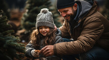 Young Father And Daughter Choosing A Christmas Tree At The Tree Farm. Generative AI.