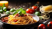 Italian Spaghetti On Rustic Wooden Table. Mediterranean Cuisine With Pasta Ingredients- Bolognese Sauce, Olive Oil, Basil And Tomato.