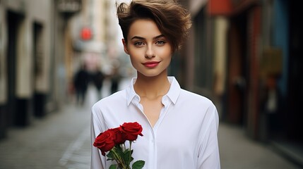 Poster - Woman with White Shirt Holding A Flower Rose