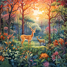 The Painting Shows A Deer Standing Amidst A Forest And Colorful Flowers, Dark Brown Fur And Light Brown Horns, Displaying Dramatic Contrast And Light.