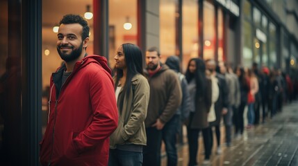 Wall Mural - People queue up waiting for stores to open for shopping. Sale and discounts, promotions