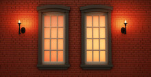 Flat Red Brick Wall With Two Victorian Windows, Lantern In The Window. Generative Ai Content