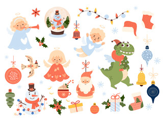 Wall Mural - Christmas set. New Year cartoon characters Santa Claus, dragon with tree, snowman with garland, little angel boy and girl, snow globe, gifts, stocking and toys balls. Vector illustration. Isolated.