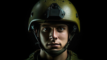 Wall Mural - A male wearing green military helmet. Generative Ai