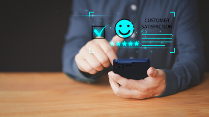 Poster - Client hands using a mobile phone with pop up smile face icon for feedback review satisfaction service opinion and testimonial. Customer service experience assessment and business satisfaction survey.