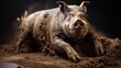  a large pig laying on top of a pile of dirt.  generative ai