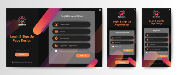 Set of Sign Up and Sign In forms. Black gradient. Mobile Registration and login forms page. Professional web design, full set of elements. User-friendly design materials.