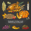 Thanksgiving hand drawn color sketch elements set on dark background.