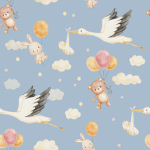 Cute Watercolor Pattern For Childish Textiles Or Fabrics With Flying Stork Holding Newborn, Bear And Bunny On Balloon In Clouds On Blue Background