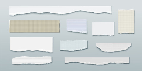 Poster - Rip notebook page with torn paper edge vector. White scrap sheet strip piece for banner design. Grunge tag element with ripped border. Realistic abstract shred scrapbook craft label with shadow