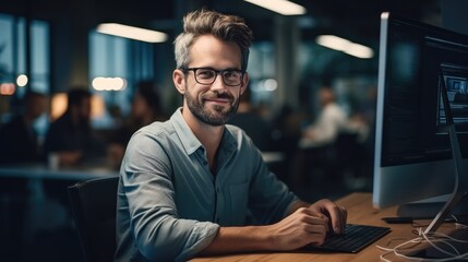 Poster - Computer programmer working on new software program in office.