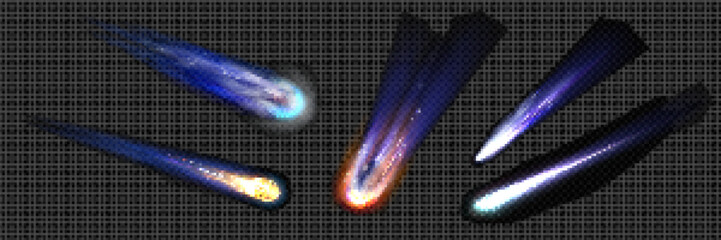 Wall Mural - set of comet or meteor trails isolated on transparent background. vector realistic illustration of a