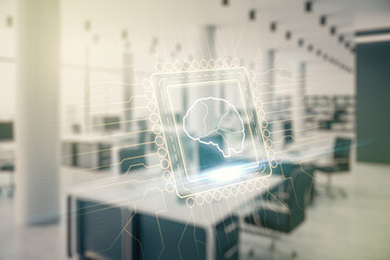 Poster - Virtual creative artificial Intelligence hologram with human brain sketch on a modern furnished office background. Multiexposure