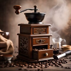 Canvas Print - A vintage coffee grinder with coffee beans and a steaming espresso cup2