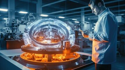 Aufkleber - Professional Engineer works with holographic projection 3D model of the engine turbine prototype in high tech futuristic factory.