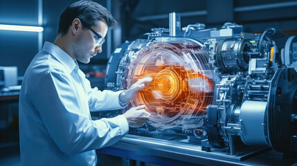 Aufkleber - Professional Engineer works with holographic projection 3D model of the engine turbine prototype in high tech futuristic factory.