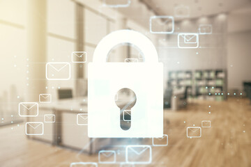 Poster - Abstract virtual lock sketch with email symbols hologram on a modern furnished office interior background, protection of personal data concept. Multiexposure