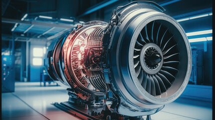 Poster - Modern Industrial Jet Engine in engine high tech futuristic factory, Advanced Futuristic Turbine Engine with a Rotating Fan, Research and Development.