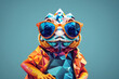 Funny cartoon chameleon wearing sunglasses and posing on colorful background