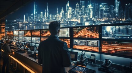 Aufkleber - Technical man standing watching row of big monitors showing city view, Checking the safety of people within the city, Professional programming company workflow.